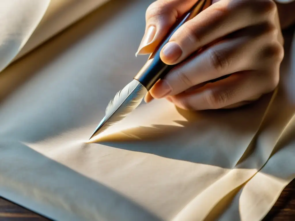 Un escritor concentra su pluma sobre el pergamino en blanco, listo para capturar una obra maestra literaria