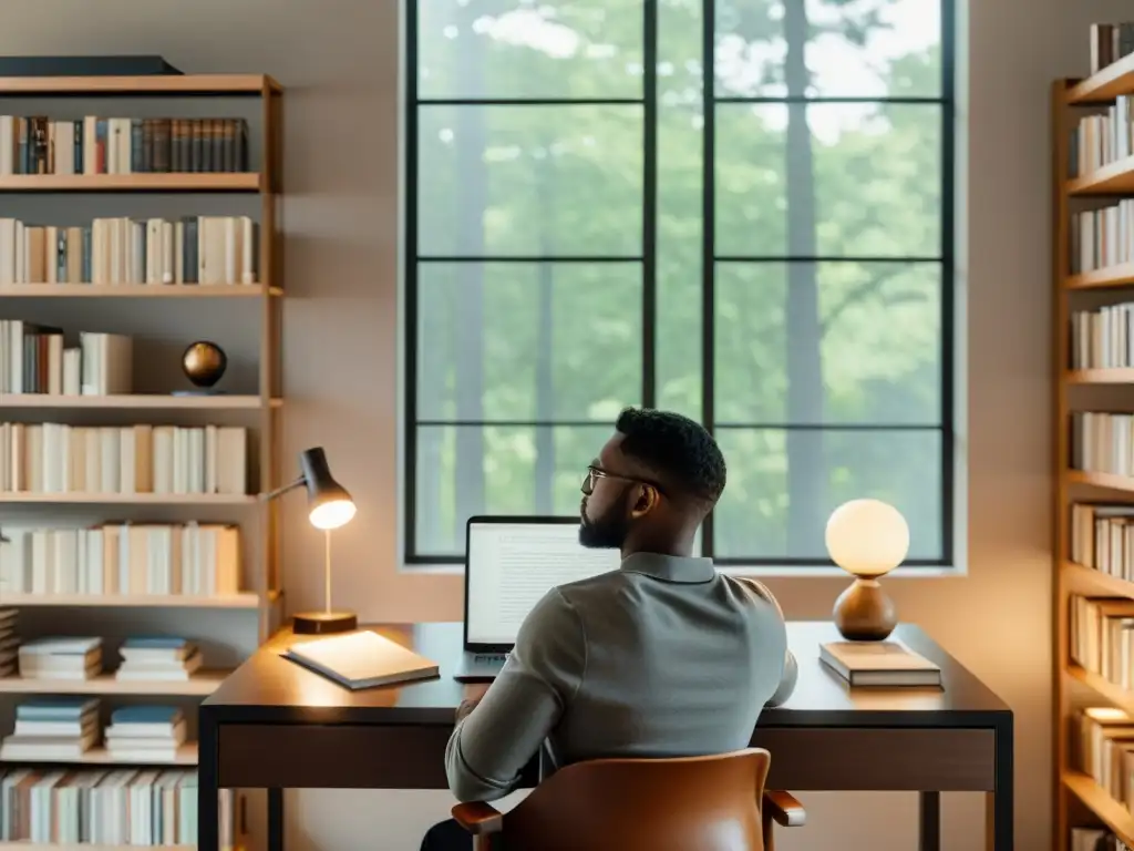 Un escritor reflexivo en su estudio contemporáneo, rodeado de libros y una laptop, sumergido en una atmósfera serena para escribir y contemplar