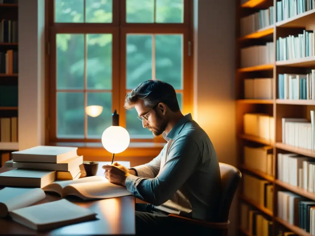 Un escritor reflexivo lee feedback en un concurso literario, iluminado por suave luz natural