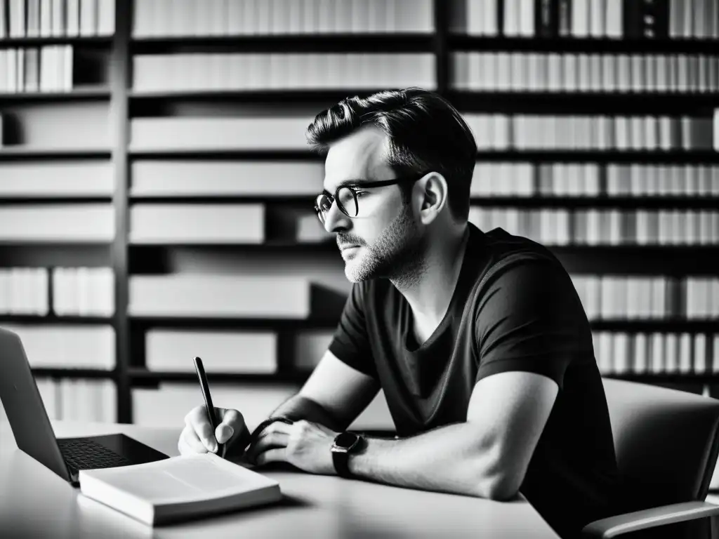 Un escritor reflexivo contempla la importancia de su biografía de autor en un entorno sereno y enfocado