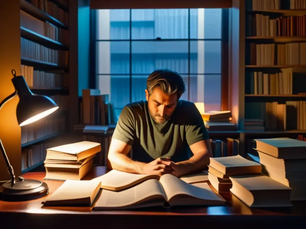 Un escritor reflexivo contempla la lluvia desde su escritorio desordenado, iluminado por una lámpara