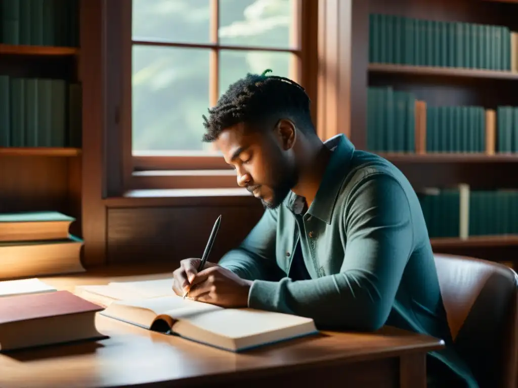 Un escritor reflexivo rodeado de libros, escribiendo en un cuaderno bajo luz natural