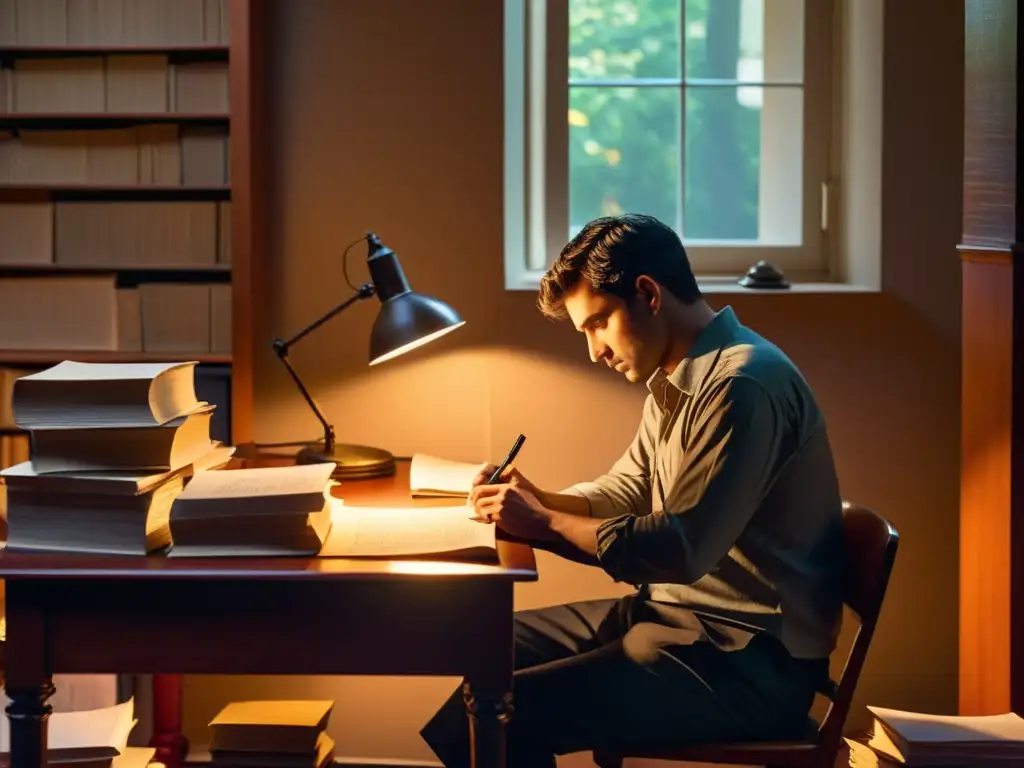 Un escritor solitario reflexiona en su desordenado escritorio, iluminado por una lámpara