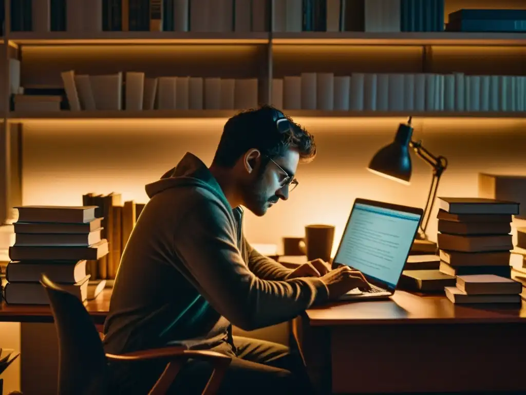 Un escritor solitario se inclina sobre un escritorio desordenado, rodeado de libros y una pantalla de laptop parpadeante