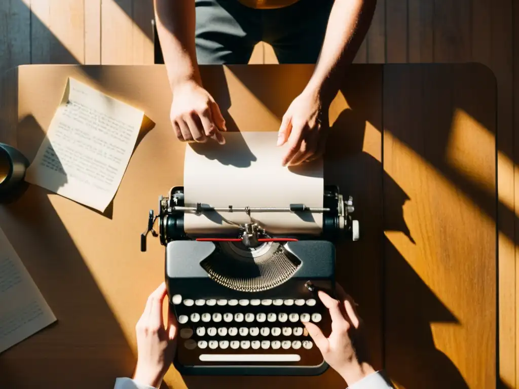 Un escritor solitario se sienta ante un escritorio iluminado, listo para plasmar sus ideas en una vieja máquina de escribir