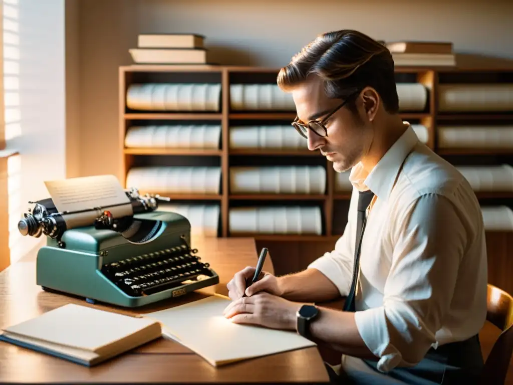 Un escritor solitario se sienta en un escritorio de madera, rodeado de papeles y una máquina de escribir vintage