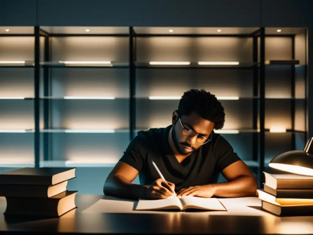 Un escritor solitario en su escritorio moderno, rodeado de libros, concentrado en crear historias únicas con técnicas literarias