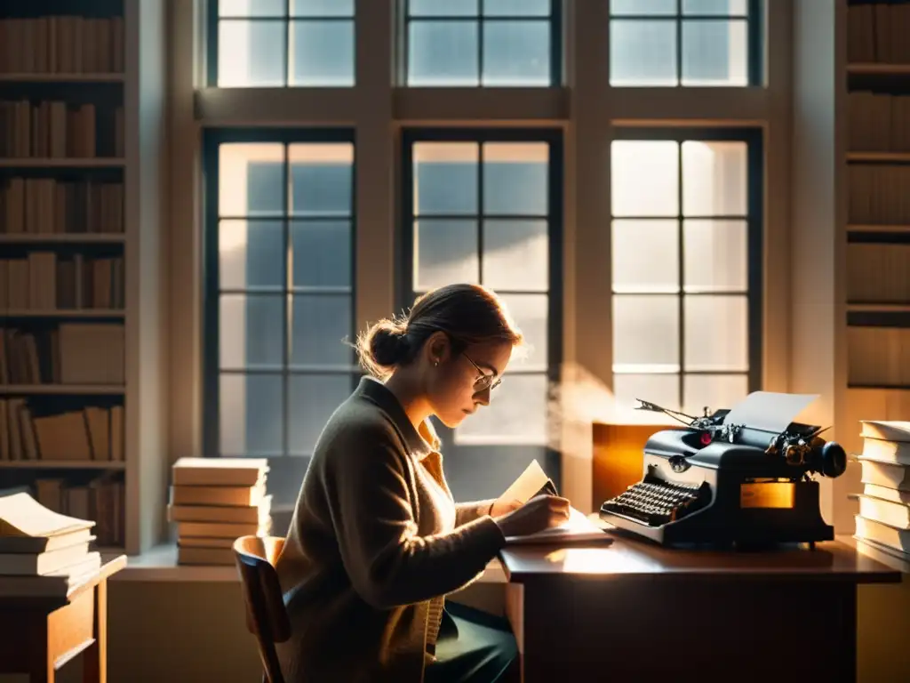 Un escritor solitario se sienta en su escritorio rodeado de libros y papeles, concentrado mientras escribe en una máquina de escribir vintage