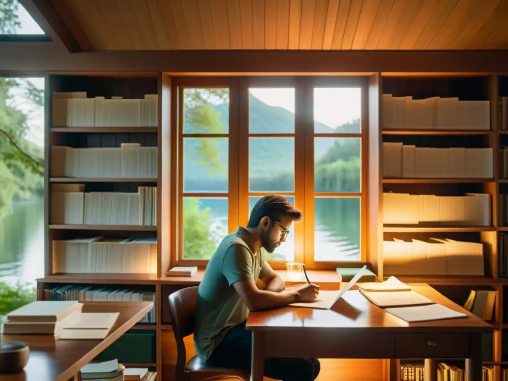 Un escritor solitario reflexiona en su escritorio, rodeado de libros y papeles, mientras contempla un lago sereno