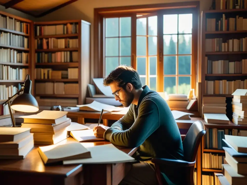 Un escritor solitario se concentra en su escritura rodeado de libros y papeles, bañado por cálida luz, inspirado para aplicar técnicas literarias y crear historias únicas