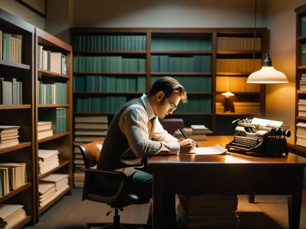 Un escritor solitario reflexiona en un estudio iluminado por la tenue luz natural, rodeado de libros y una vieja máquina de escribir