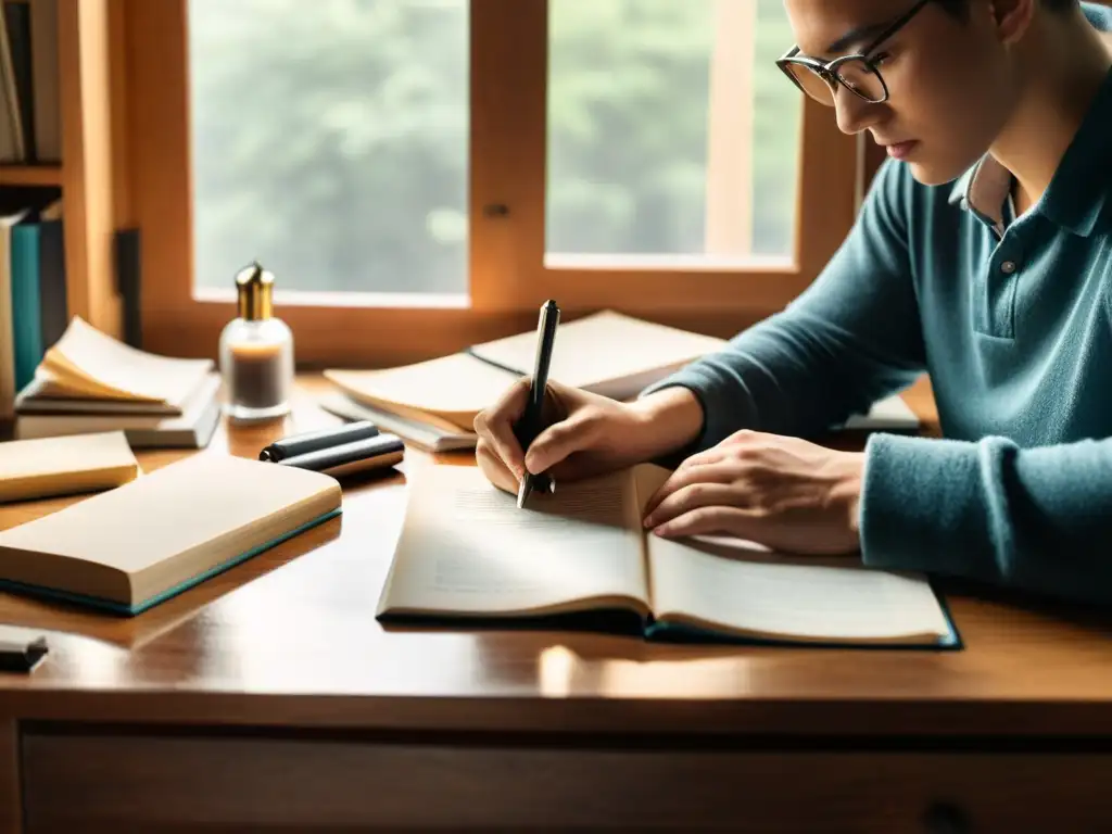 Un escritor solitario se sumerge en su labor creativa en un luminoso estudio, rodeado de libros y papeles