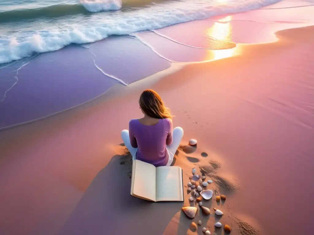 Un escritor solitario en una playa al atardecer, rodeado de conchas y olas, inspirado para el Festival Internacional de Literatura Bilbao