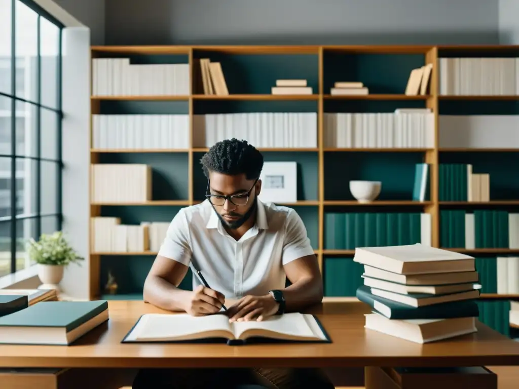 Un escritor solitario se concentra en su trabajo en un moderno escritorio rodeado de libros