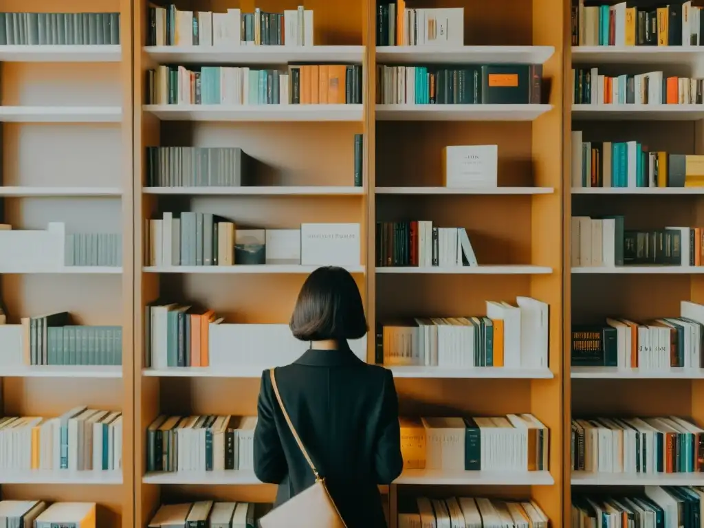 Un escritor reflexiona ante una variedad de formatos de libro en un estante