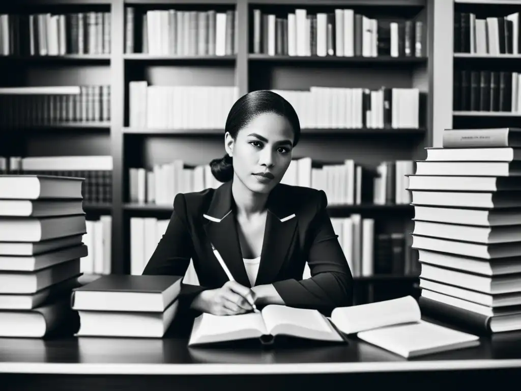 Una escritora se sienta en su escritorio rodeada de libros, escribiendo con determinación