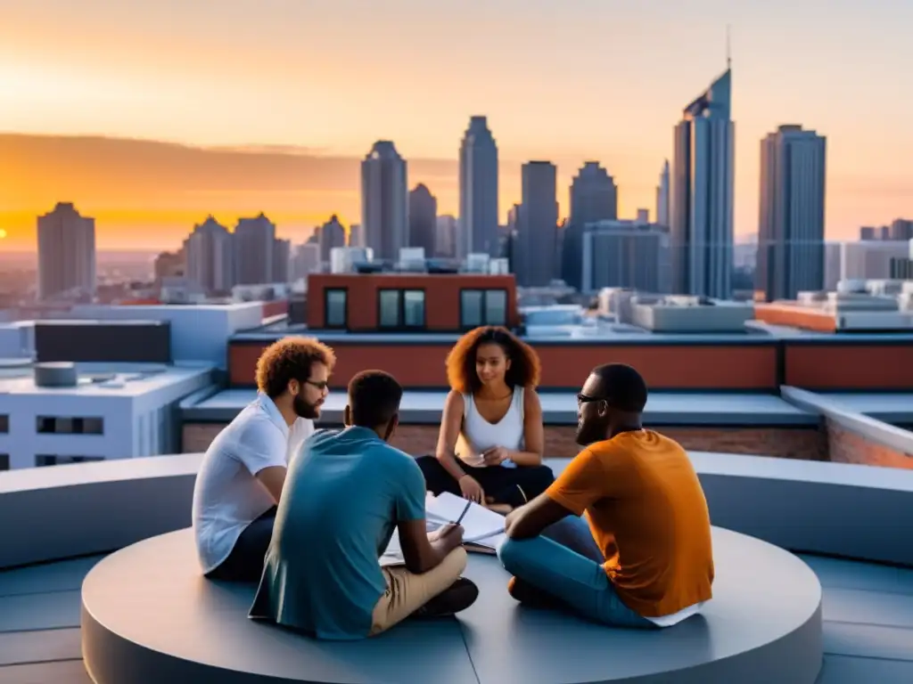 Escritores en círculo en azotea urbana, compartiendo técnicas escritura, inspiración y colaboración mientras el sol se pone sobre la ciudad