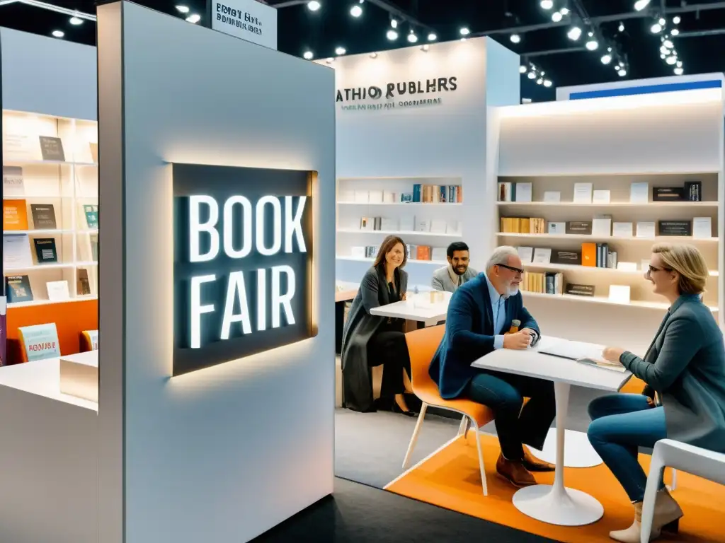 Escritores y editores conversan en un stand moderno en una feria del libro, creando oportunidades únicas de colaboración y networking