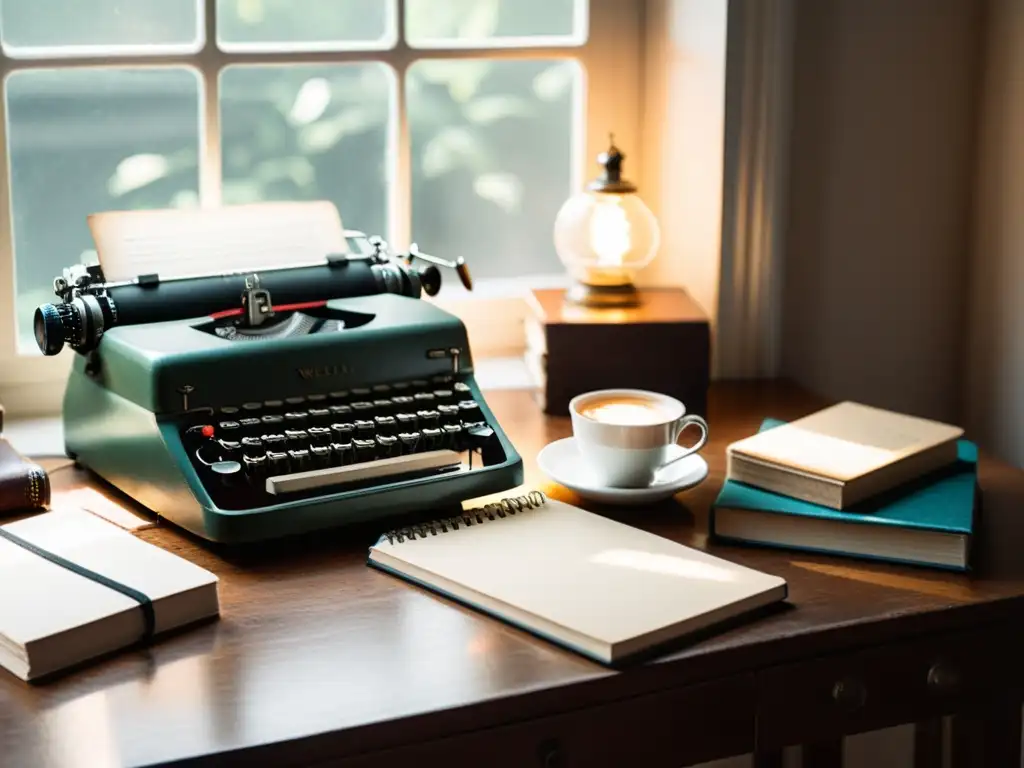 Un escritorio acogedor con una máquina de escribir vintage, cuadernos gastados, café y anteojos