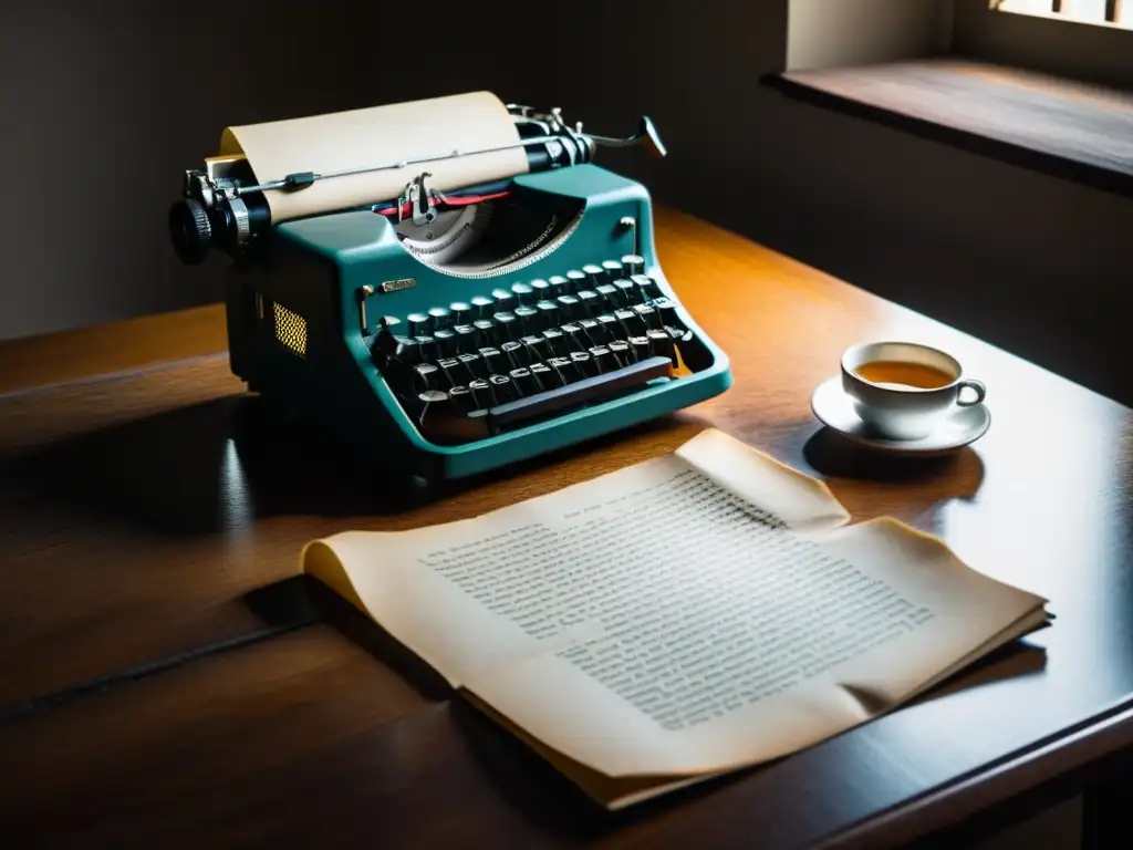 Escritorio antiguo iluminado por un foco, con una máquina de escribir y páginas en blanco, generando suspenso literario