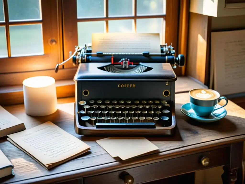 Escritorio vintage con notas manuscritas y café Un escritorio antiguo con notas manuscritas, una máquina de escribir y café humeante