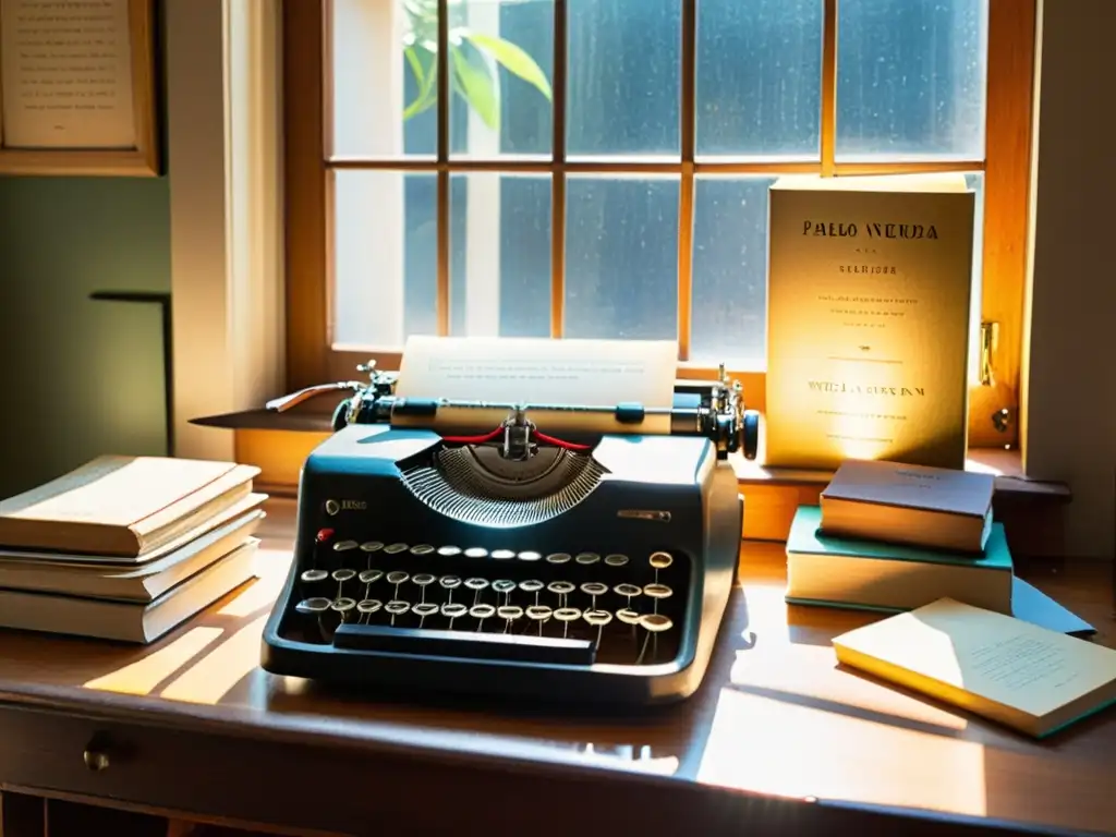 Escritorio desgastado con libros y una máquina de escribir vintage, bañado por cálida luz de la tarde