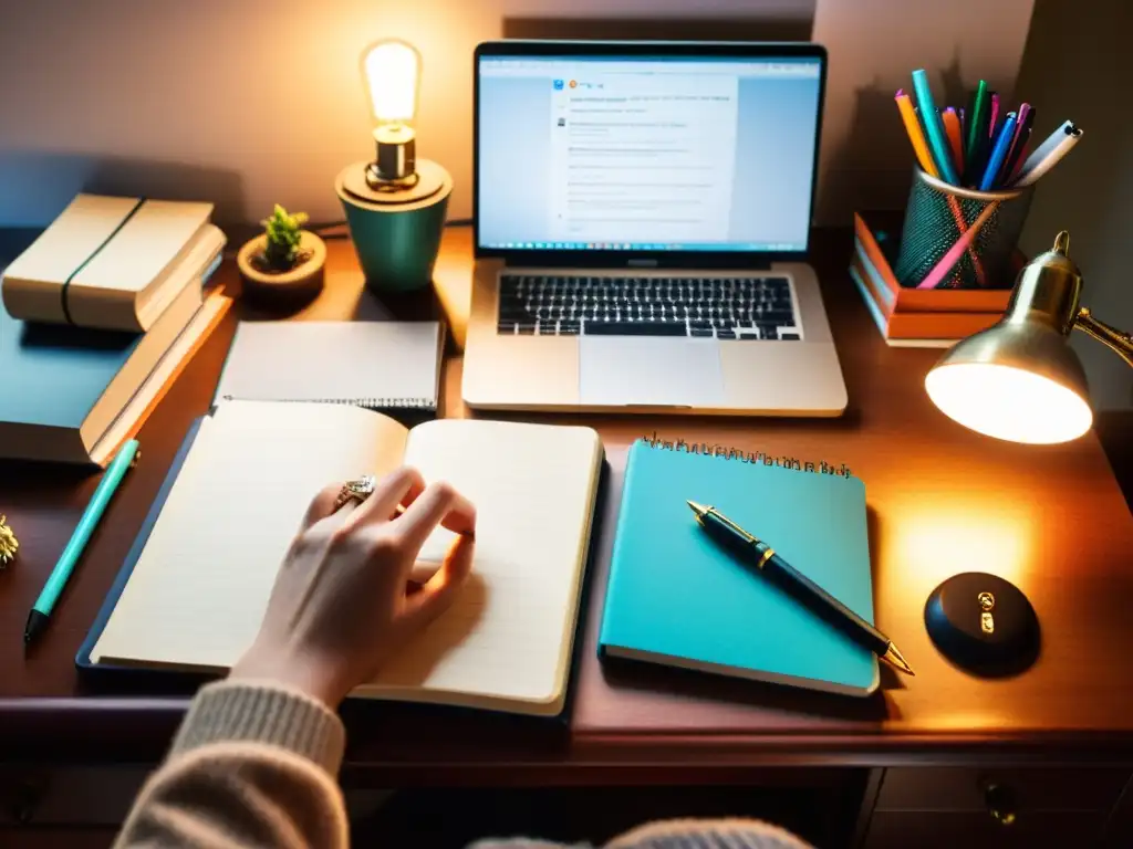 Un escritorio desordenado con cuadernos abiertos, bolígrafos y una computadora que muestra plataformas de redes sociales