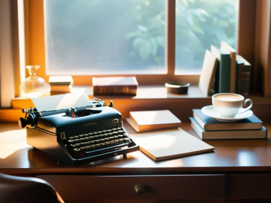 Un escritorio desordenado con una máquina de escribir vintage, libros apilados y una taza de café, bañado por la cálida luz del sol