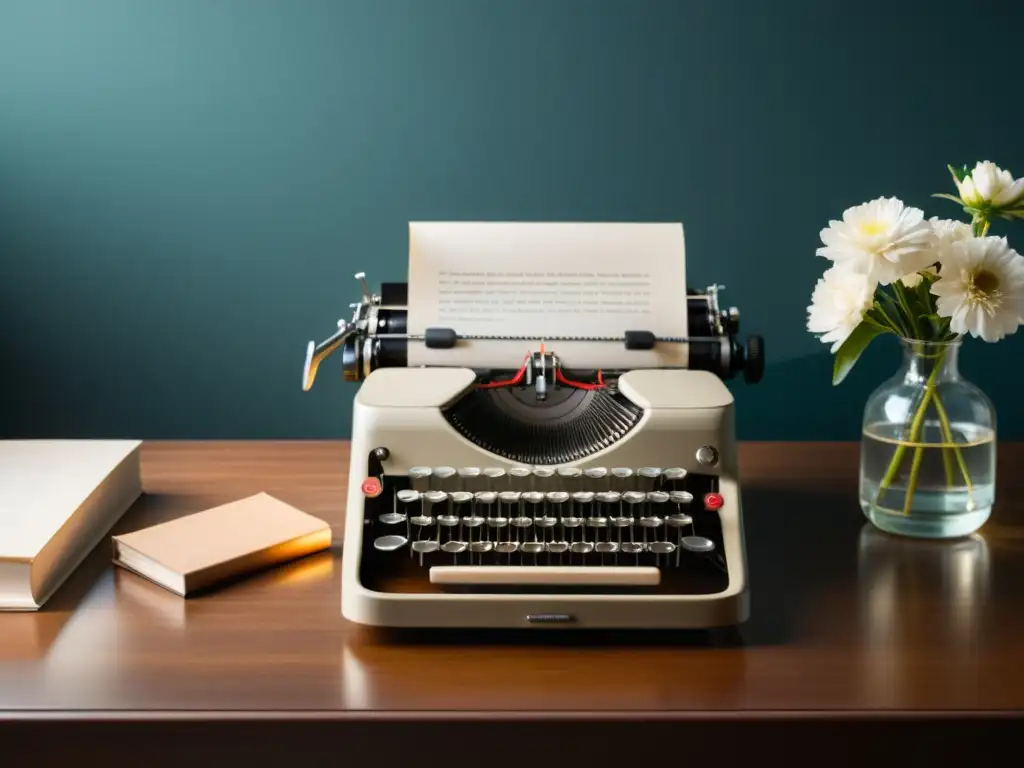 Escritorio elegante con máquina de escribir vintage, suministros de escritura y flores