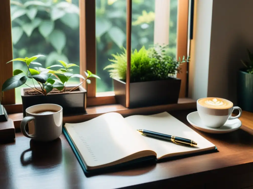 Un escritorio de escritor con cuaderno, pluma y café, bañado en cálida luz natural