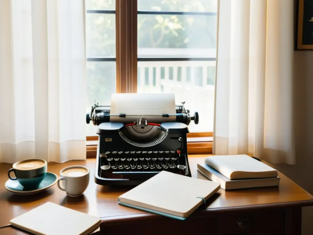 Escritorio de escritor con cuadernos, café y máquina de escribir, bañado en cálida luz natural