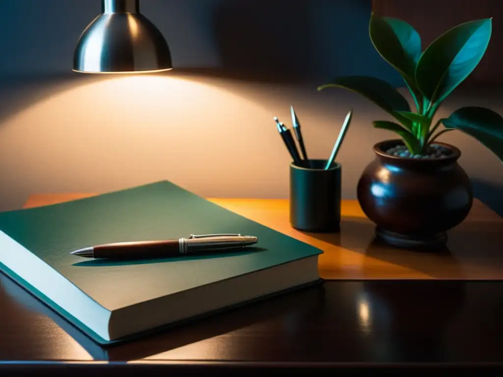 Escritorio de escritor con elegante pluma plateada sobre cuaderno de piel, bañado por luz suave