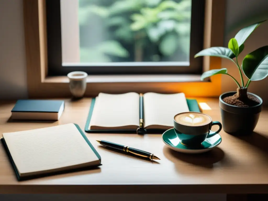 Un escritorio de escritor con elementos ordenados, una laptop, café y una planta, bañado en luz natural