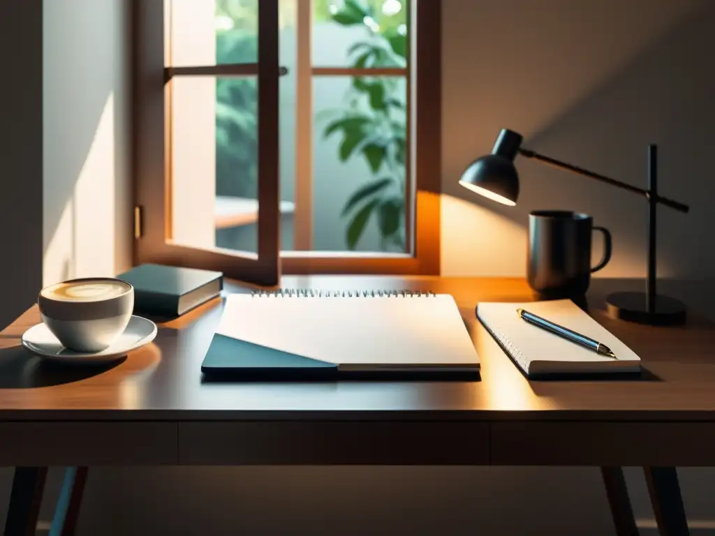 Escritorio de escritor con laptop, café y cuaderno bañado en luz natural