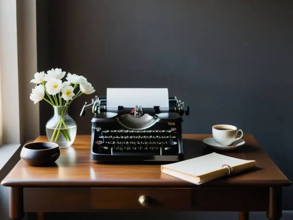 Escritorio de escritor con máquina de escribir vintage, café y flores, inspirando técnicas literarias escritura sensorial