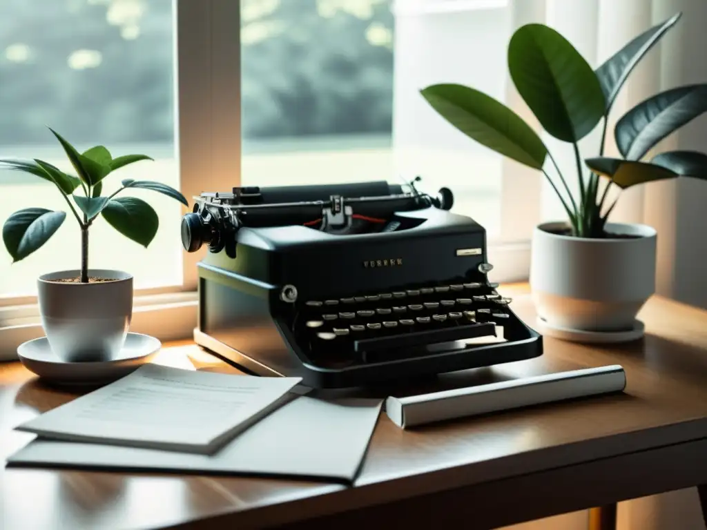 Escritorio de escritor con máquina de escribir vintage, papeles, café y planta, bañado en luz natural