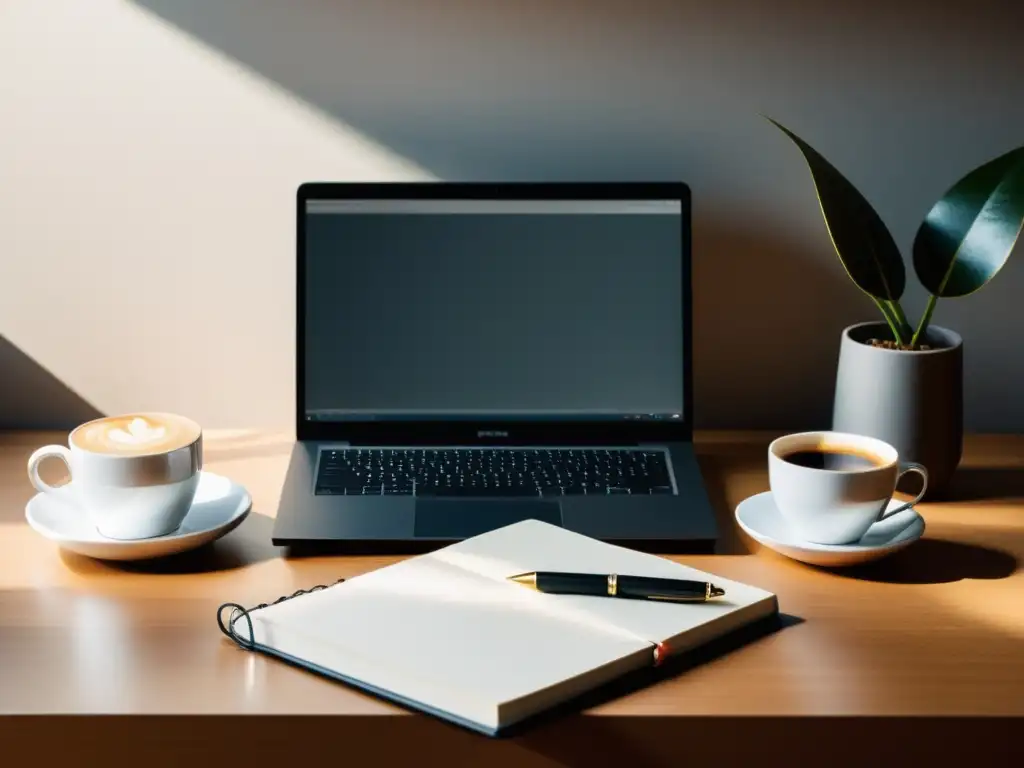 Un escritorio de escritor minimalista iluminado por suave luz natural