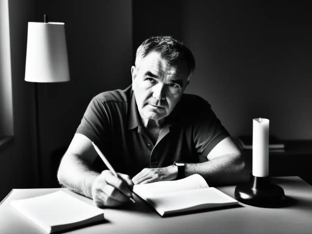 Raymond Carver se sienta en su escritorio, iluminado por una lámpara, con un cuaderno y un bolígrafo