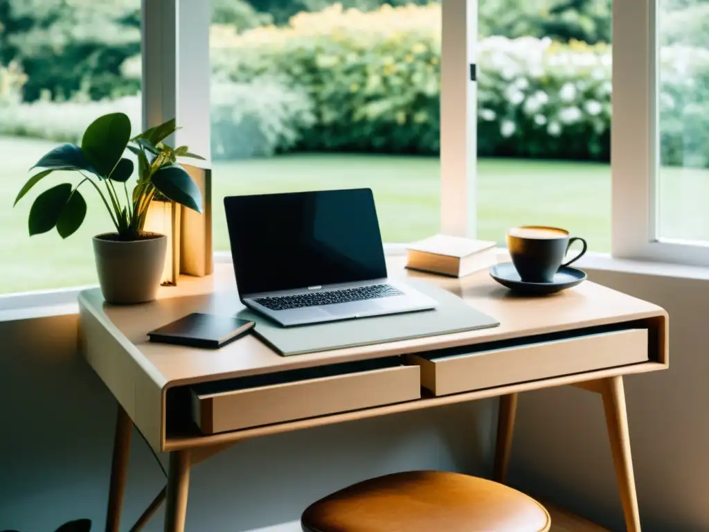 Un escritorio luminoso y minimalista con laptop, libros y café cerca de una ventana con vista a un jardín tranquilo