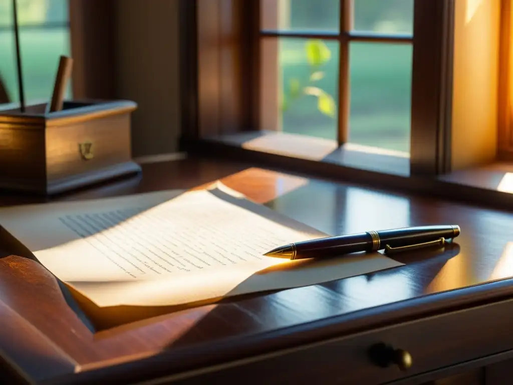 Escritorio de madera antiguo con pergamino y pluma iluminados por la luz del sol