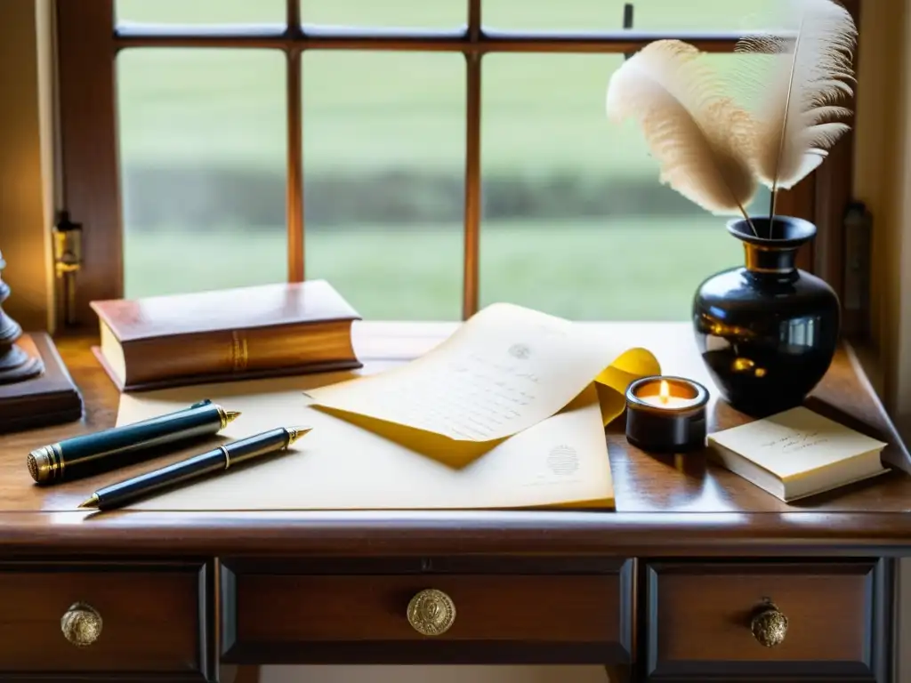 Escritorio de madera antiguo con pluma, tintero y cartas amarillentas atadas con una cinta