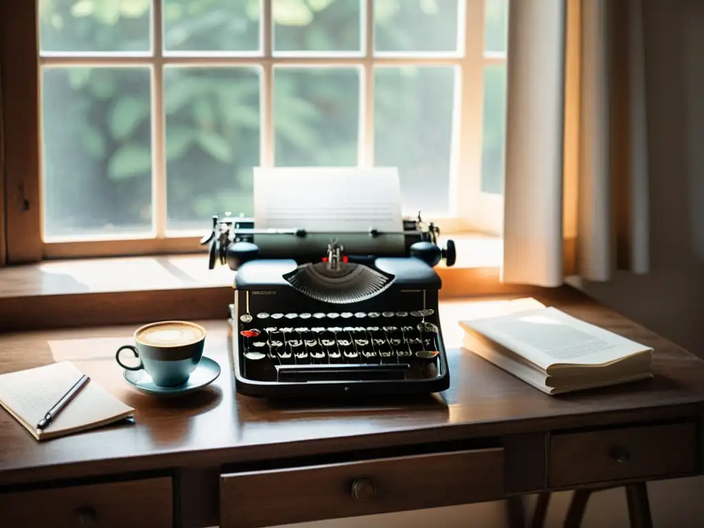 Un escritorio de madera desgastada con una máquina de escribir vintage, hojas de papel dispersas, café caliente y lentes de lectura