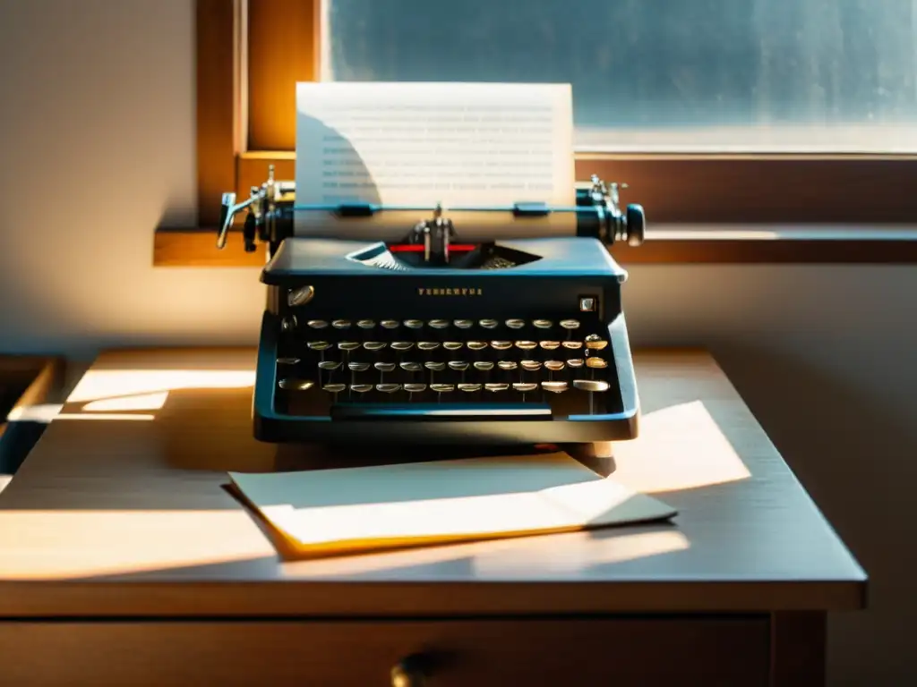 Un escritorio de madera desgastada con una máquina de escribir vintage, bañado por la cálida luz dorada