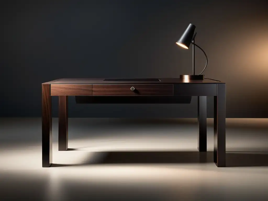 Escritorio de madera elegante con pluma, luz suave