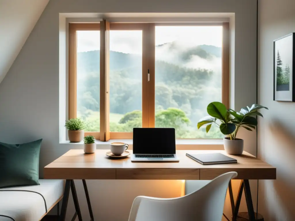 Espacio de trabajo sereno con vista a la naturaleza Escritorio de madera en un entorno natural sereno, perfecto para preparativos para retiros de escritura con laptop, café y cuadernos en blanco