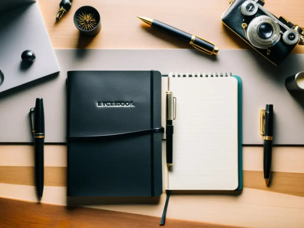 Un escritorio de madera, iluminado por luz natural, muestra un cuaderno de cuero negro rodeado de plumas, lápices y una máquina de escribir vintage