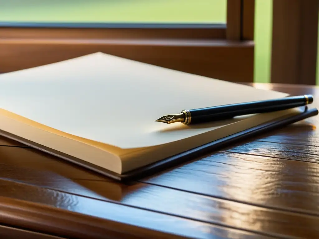 Un escritorio de madera con un montón de páginas en blanco y una pluma vintage