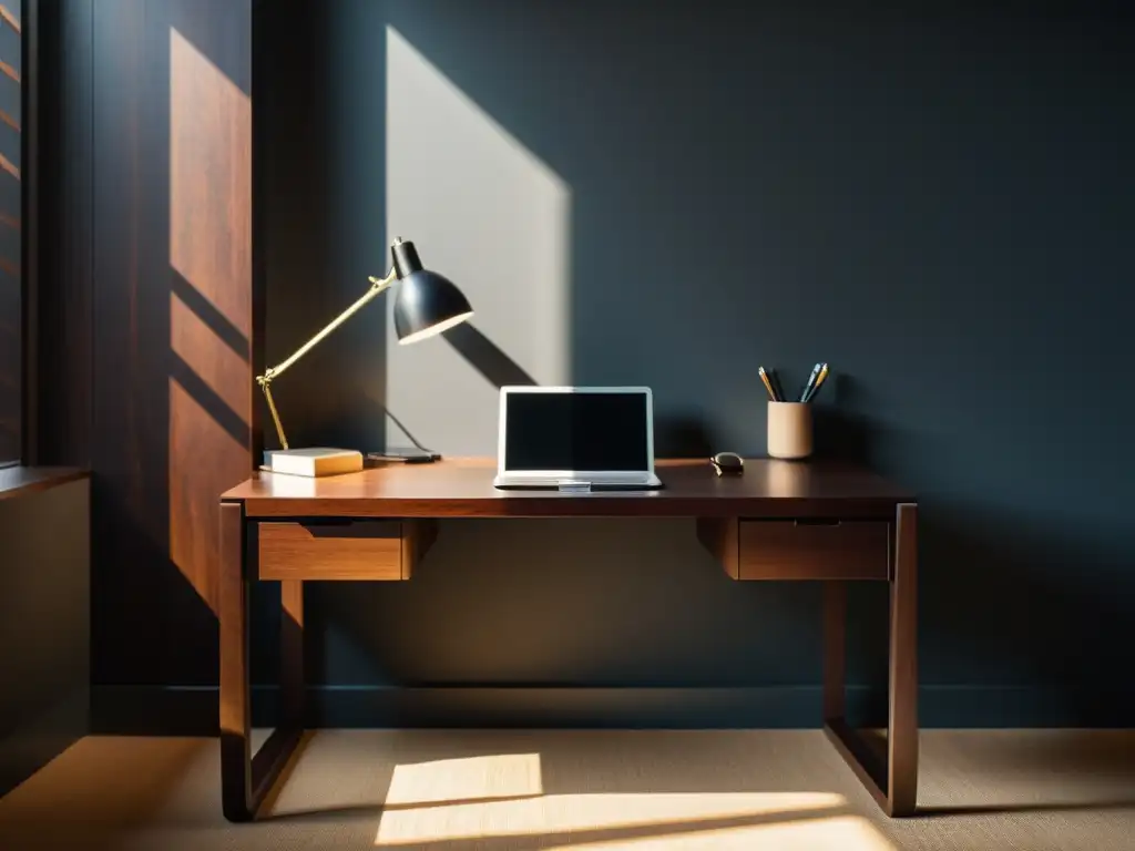 Un escritorio de madera oscura con laptop, pluma y cuaderno en blanco