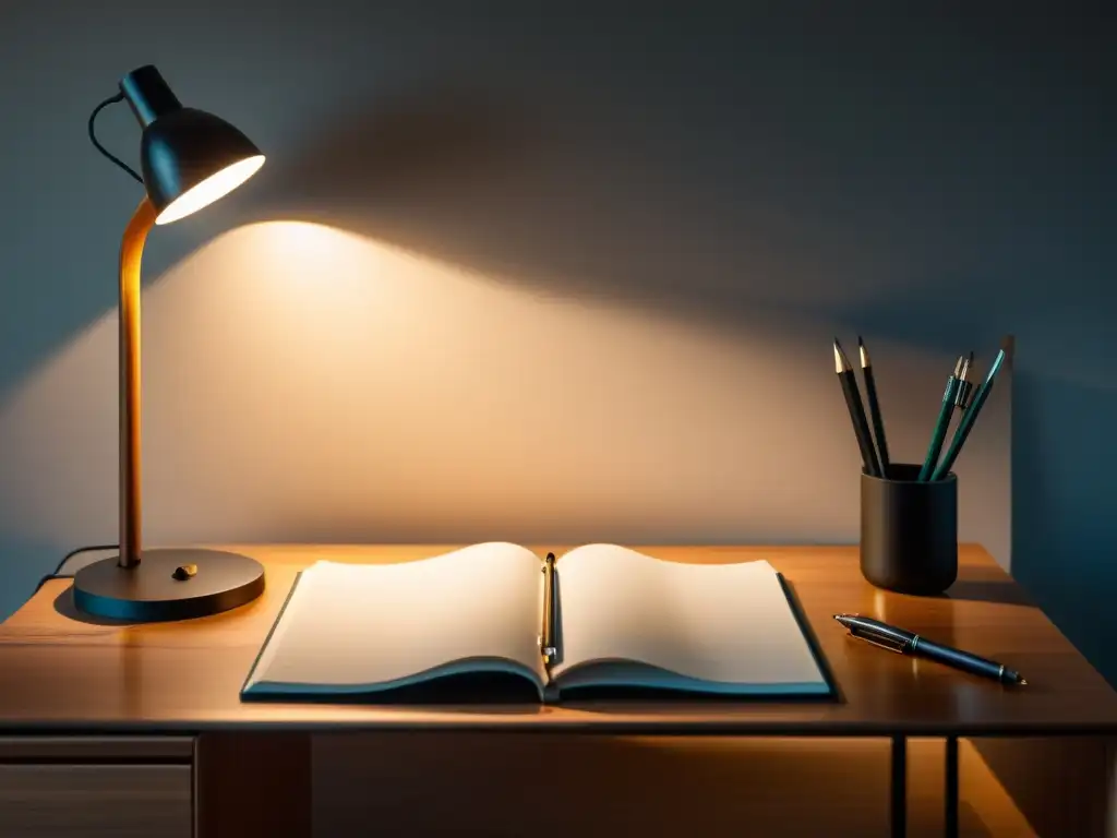 Un escritorio de madera pulida con una lámpara moderna, cuadernos en blanco y una pluma