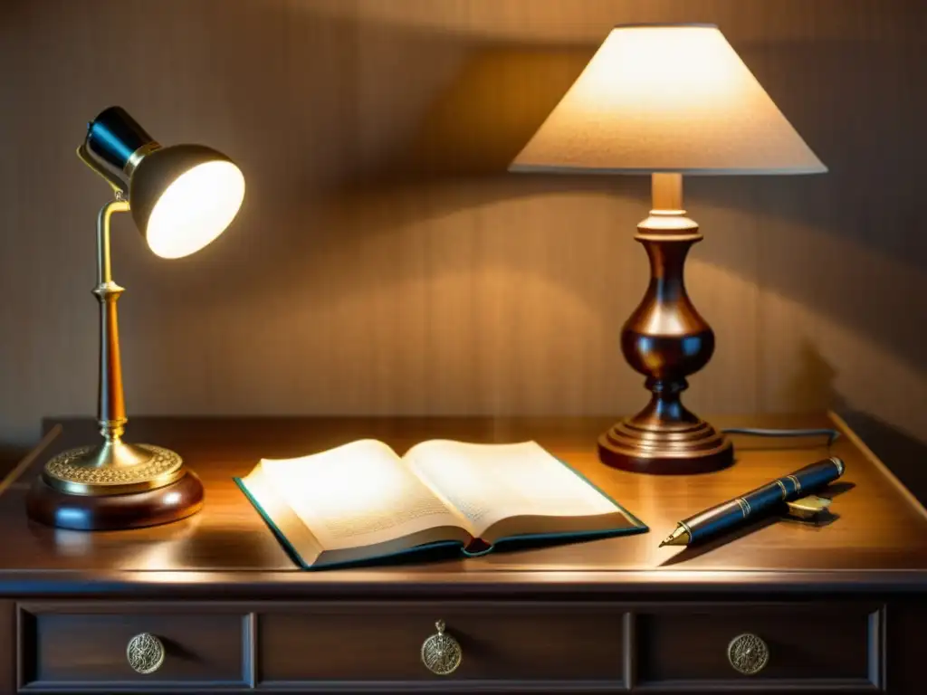 Escritorio de madera vintage con libros clásicos, pluma antigua y lámpara, en una decoración literaria para aficionados a la literatura clásica